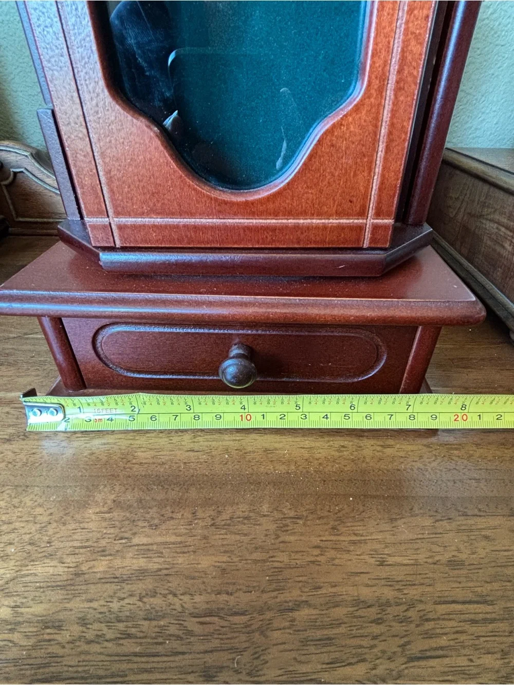 Spinning wood jewelry box drawers mirror